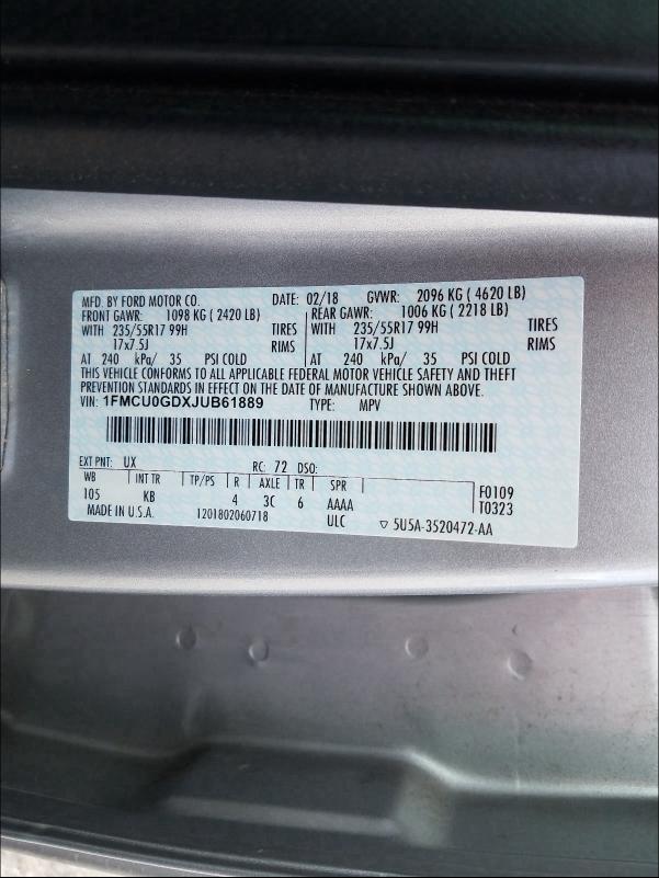 Photo 9 VIN: 1FMCU0GDXJUB61889 - FORD ESCAPE SE 