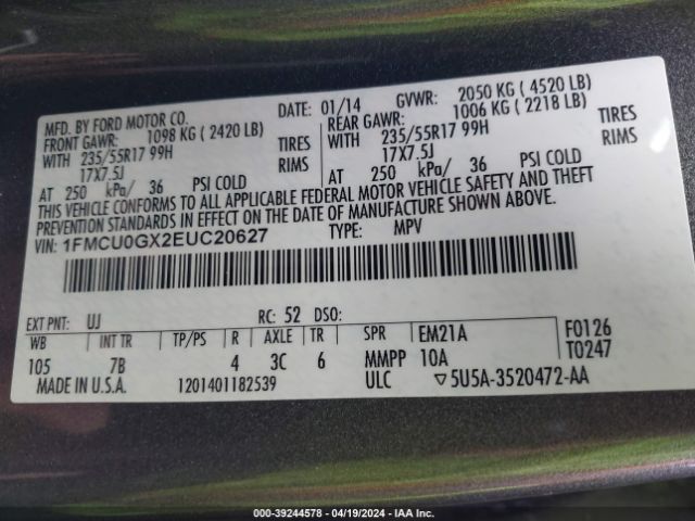 Photo 8 VIN: 1FMCU0GX2EUC20627 - FORD ESCAPE 