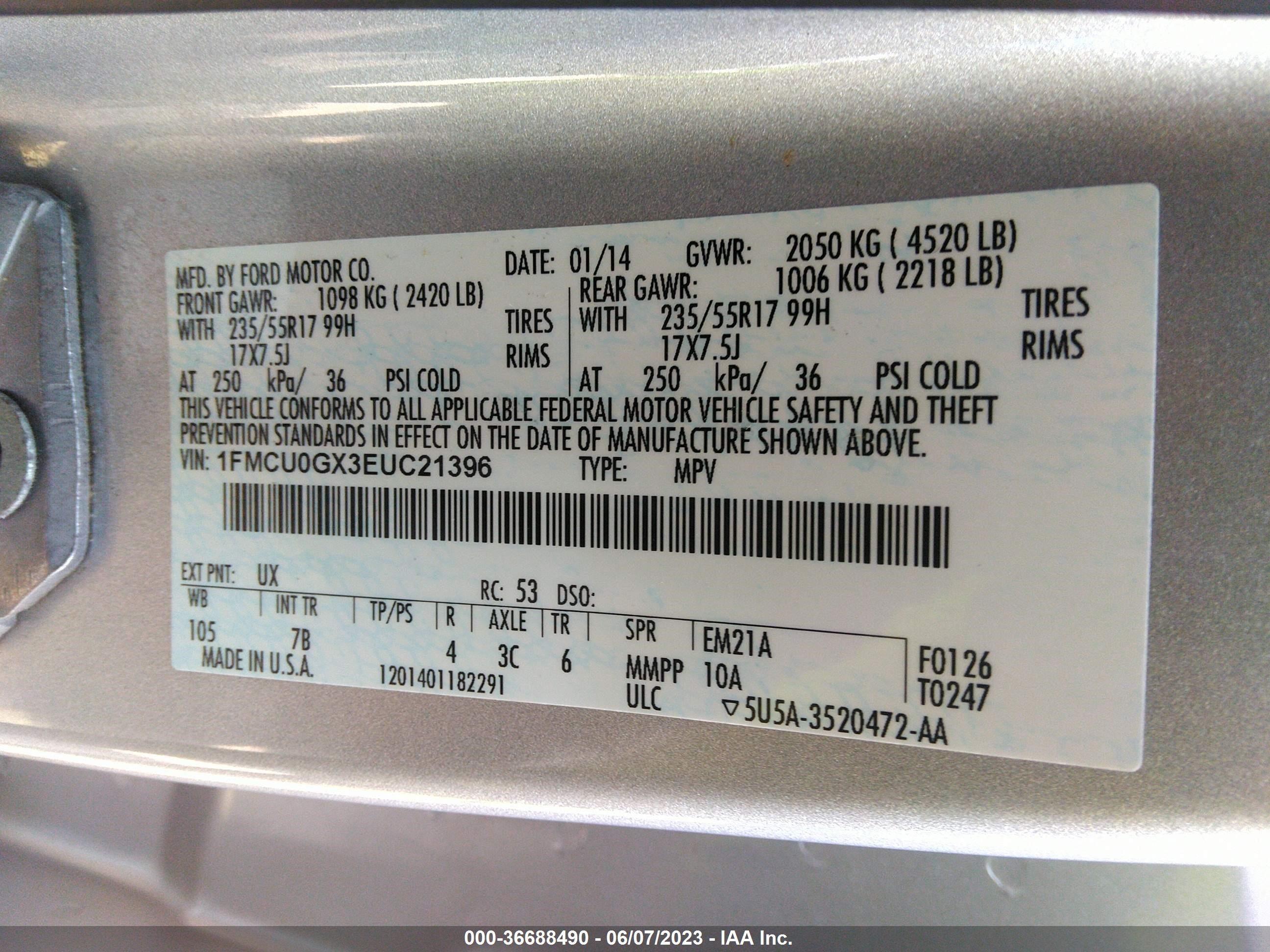 Photo 8 VIN: 1FMCU0GX3EUC21396 - FORD ESCAPE 