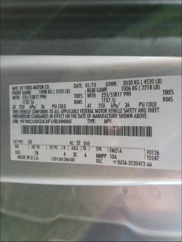 Photo 9 VIN: 1FMCU0GX3FUB39685 - FORD ESCAPE SE 