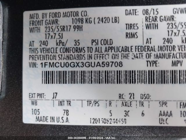 Photo 8 VIN: 1FMCU0GX3GUA59708 - FORD ESCAPE 