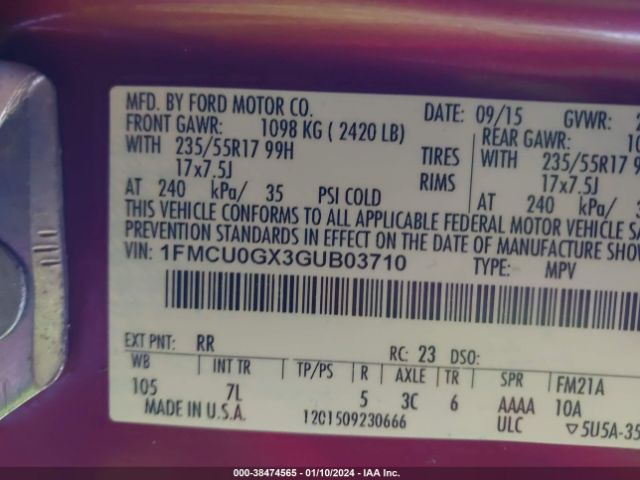 Photo 8 VIN: 1FMCU0GX3GUB03710 - FORD ESCAPE 