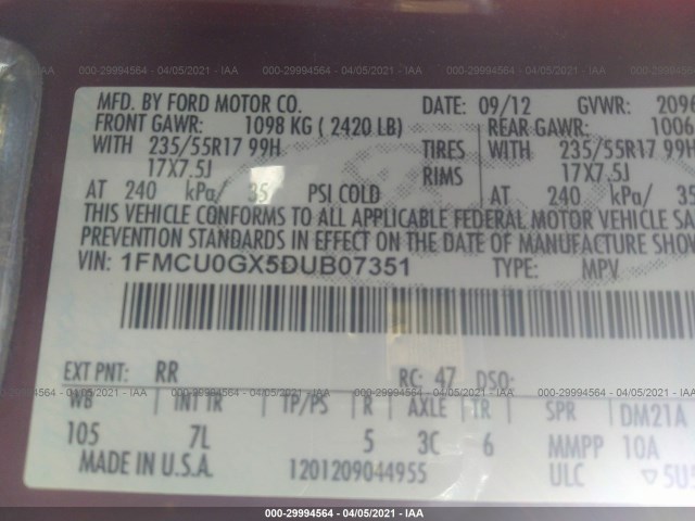 Photo 8 VIN: 1FMCU0GX5DUB07351 - FORD ESCAPE 