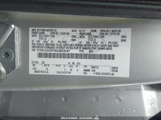 Photo 8 VIN: 1FMCU0GX7DUB63047 - FORD ESCAPE 