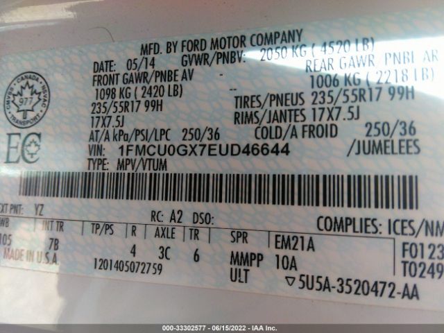 Photo 8 VIN: 1FMCU0GX7EUD46644 - FORD ESCAPE 