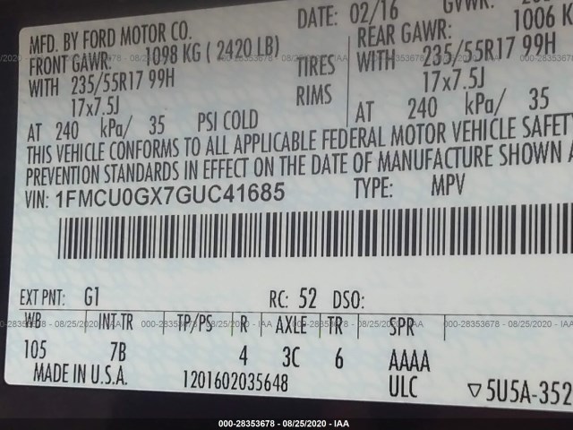 Photo 8 VIN: 1FMCU0GX7GUC41685 - FORD ESCAPE 