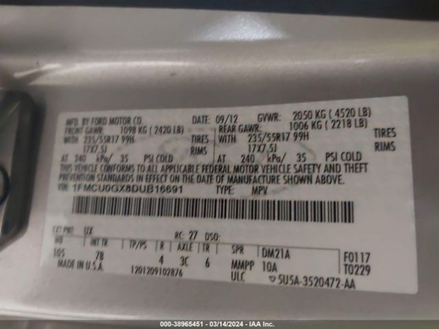 Photo 8 VIN: 1FMCU0GX8DUB16691 - FORD ESCAPE 