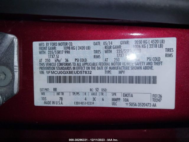 Photo 8 VIN: 1FMCU0GX8EUD57832 - FORD ESCAPE 