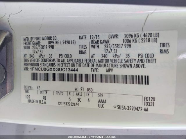 Photo 8 VIN: 1FMCU0GXXGUC13444 - FORD ESCAPE 