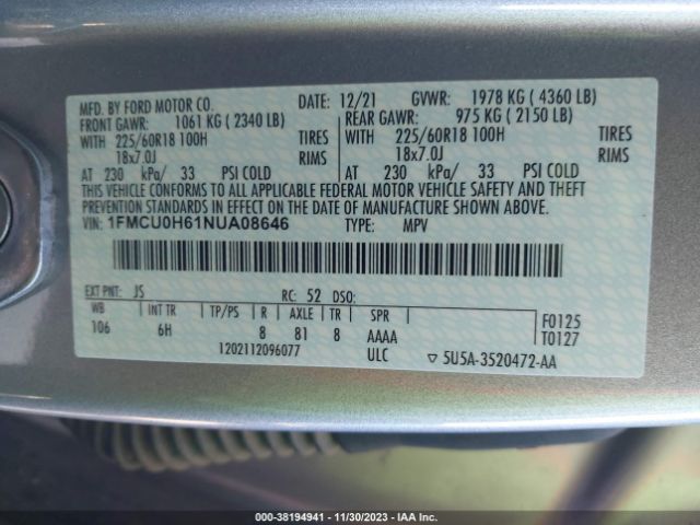 Photo 8 VIN: 1FMCU0H61NUA08646 - FORD ESCAPE 