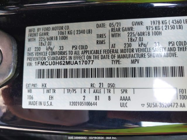 Photo 8 VIN: 1FMCU0H62MUA17077 - FORD ESCAPE 