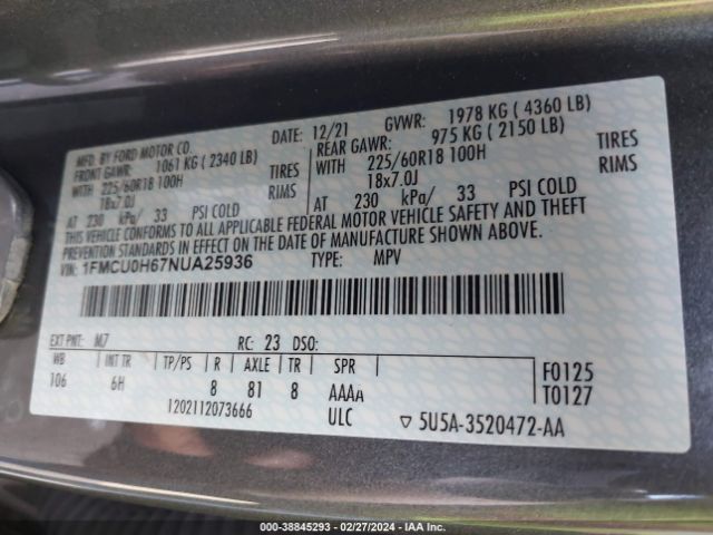 Photo 8 VIN: 1FMCU0H67NUA25936 - FORD ESCAPE 