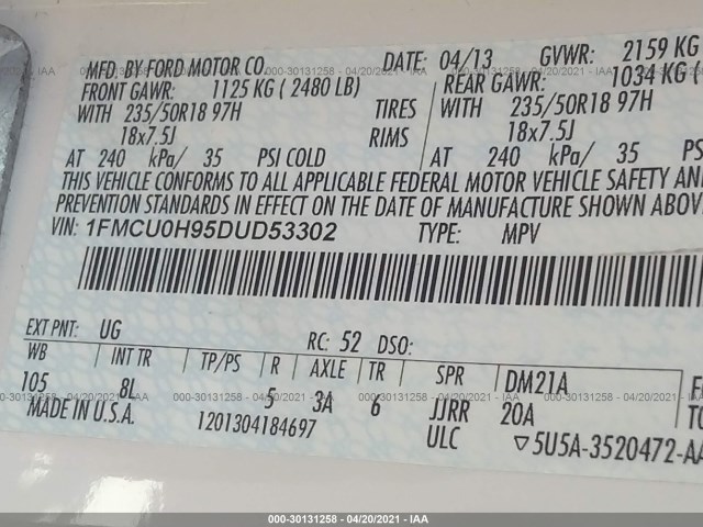 Photo 8 VIN: 1FMCU0H95DUD53302 - FORD ESCAPE 