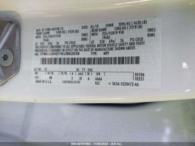 Photo 8 VIN: 1FMCU0HD1KUB62039 - FORD ESCAPE 