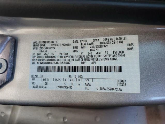 Photo 11 VIN: 1FMCU0HD5JUB58087 - FORD ESCAPE SEL 