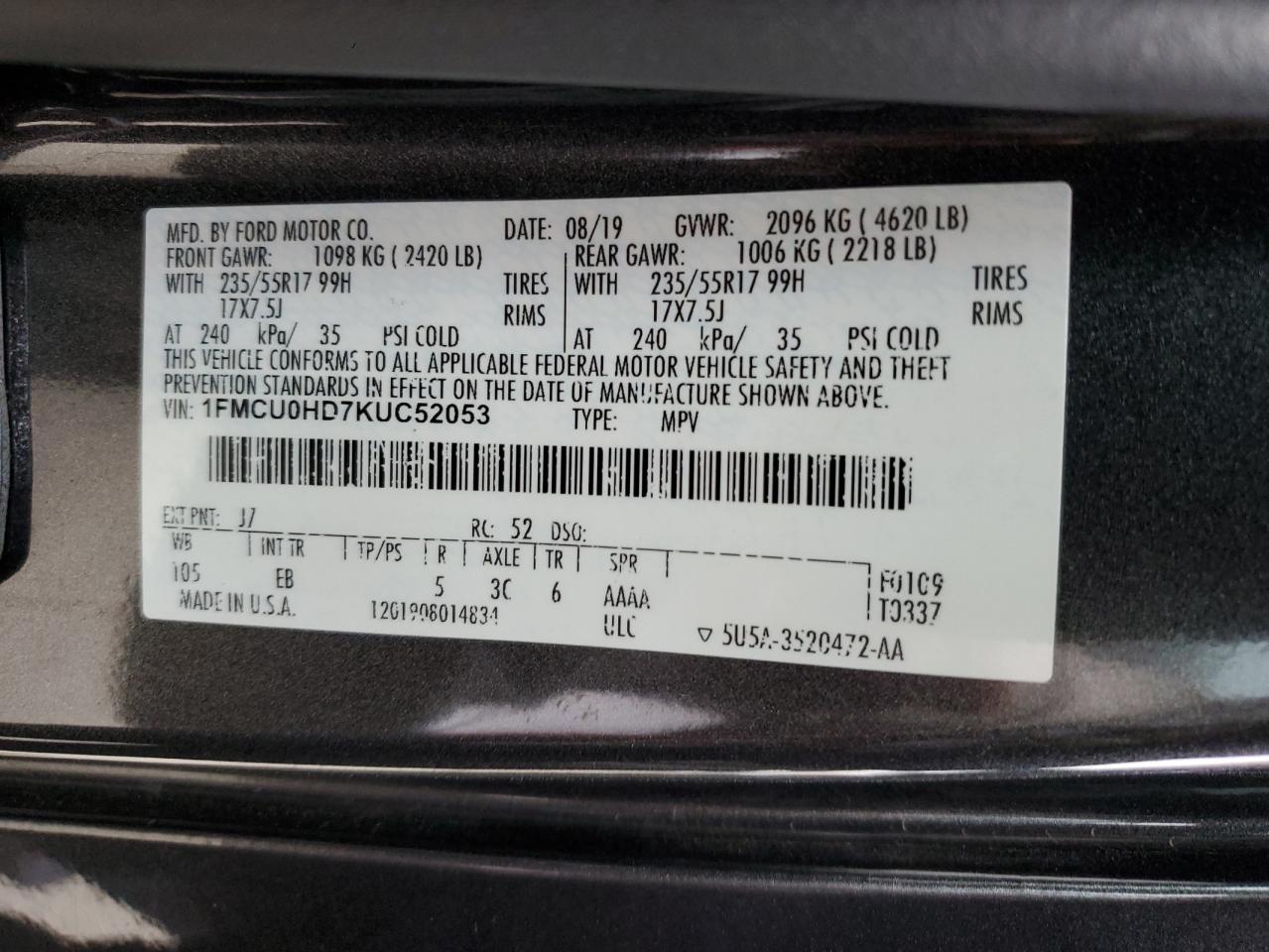 Photo 12 VIN: 1FMCU0HD7KUC52053 - FORD ESCAPE 