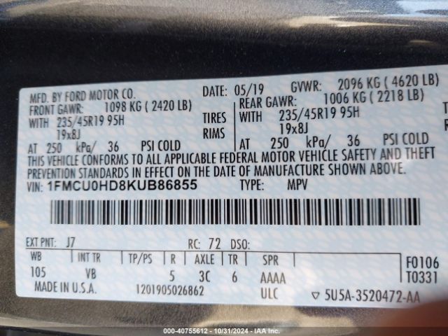 Photo 8 VIN: 1FMCU0HD8KUB86855 - FORD ESCAPE 