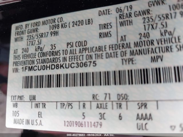 Photo 8 VIN: 1FMCU0HD8KUC30675 - FORD ESCAPE 