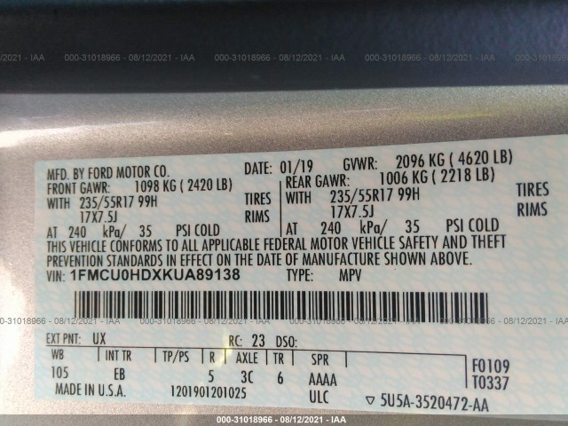 Photo 8 VIN: 1FMCU0HDXKUA89138 - FORD ESCAPE 