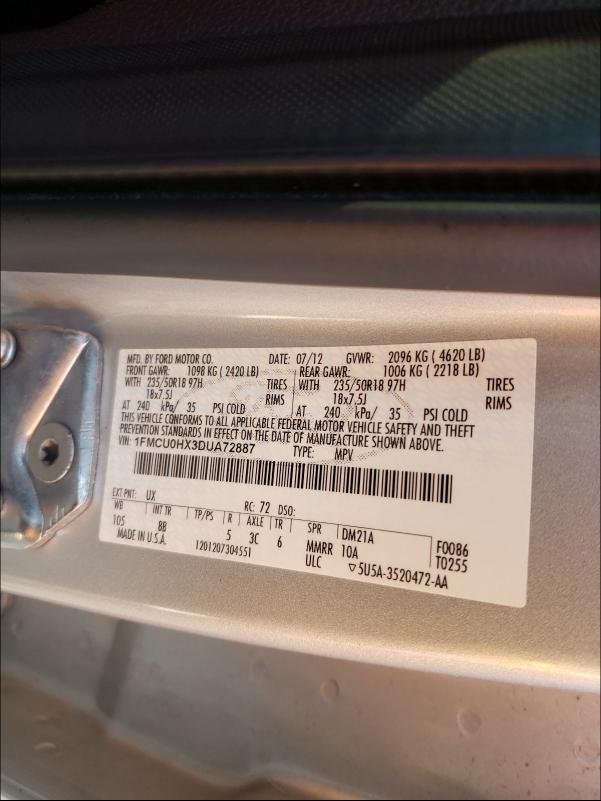 Photo 9 VIN: 1FMCU0HX3DUA72887 - FORD ESCAPE SEL 