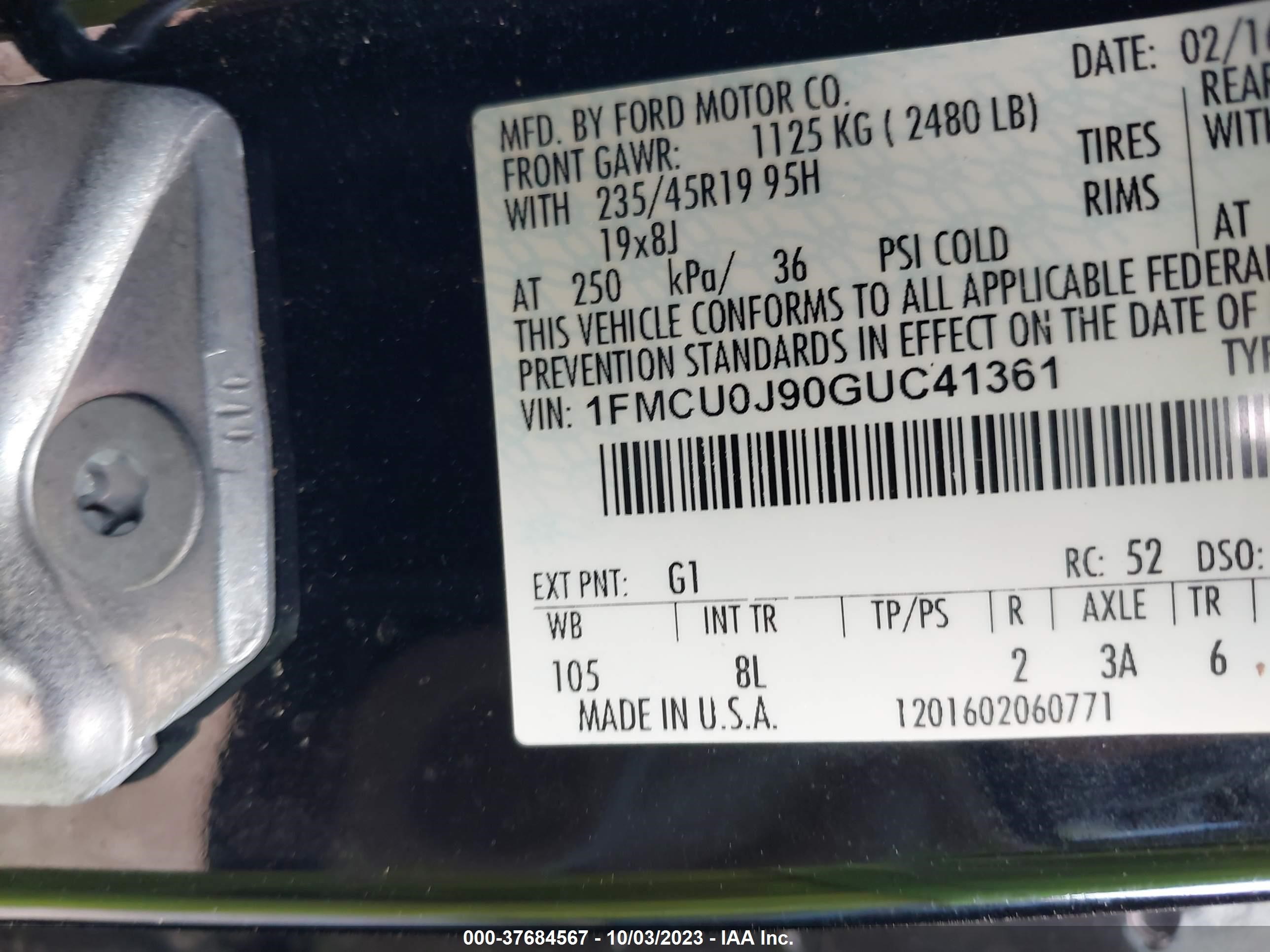 Photo 8 VIN: 1FMCU0J90GUC41361 - FORD ESCAPE 