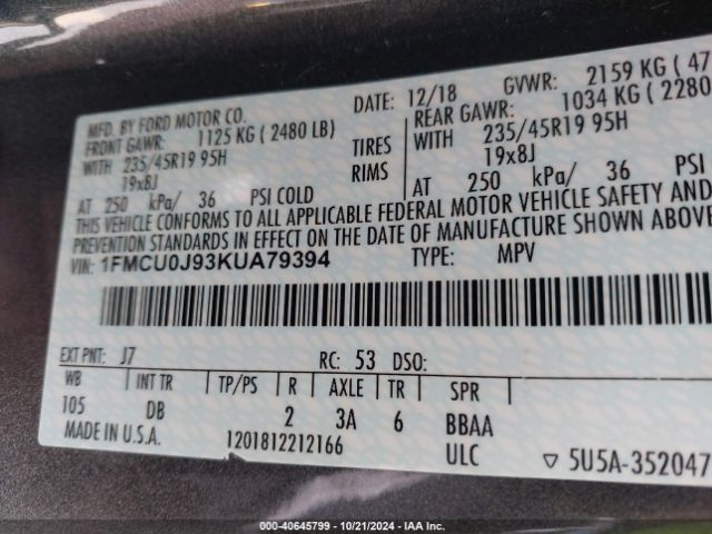 Photo 8 VIN: 1FMCU0J93KUA79394 - FORD ESCAPE 