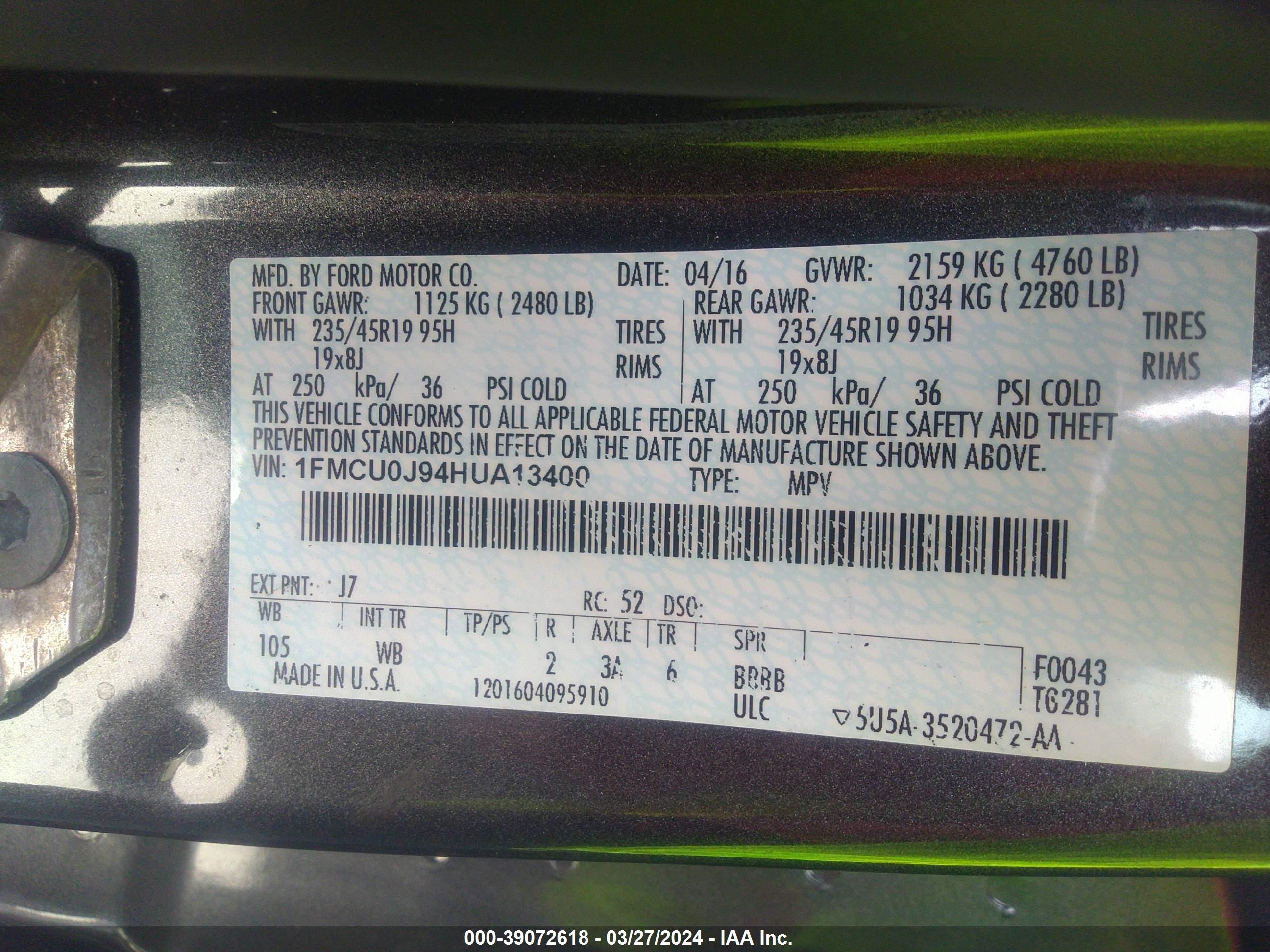 Photo 8 VIN: 1FMCU0J94HUA13400 - FORD ESCAPE 