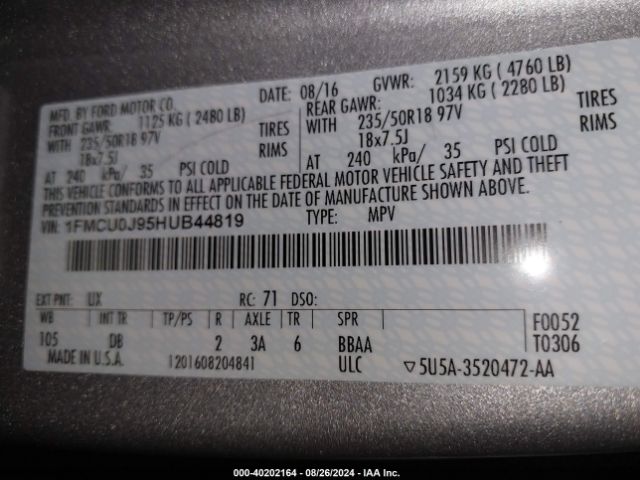 Photo 8 VIN: 1FMCU0J95HUB44819 - FORD ESCAPE 