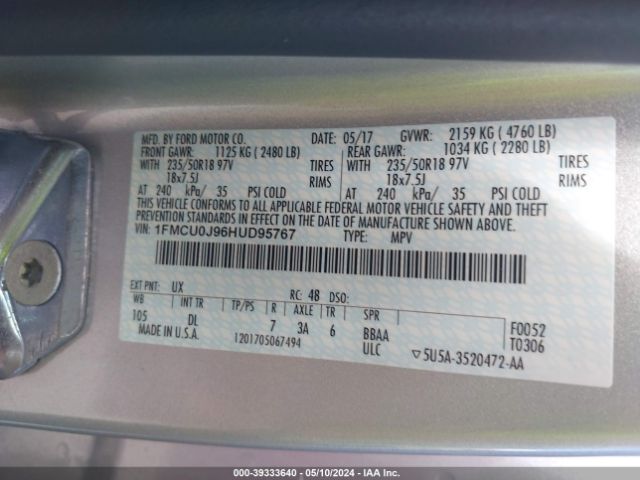 Photo 8 VIN: 1FMCU0J96HUD95767 - FORD ESCAPE 