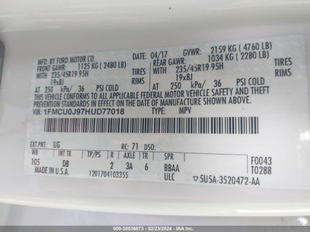 Photo 8 VIN: 1FMCU0J97HUD77018 - FORD ESCAPE 