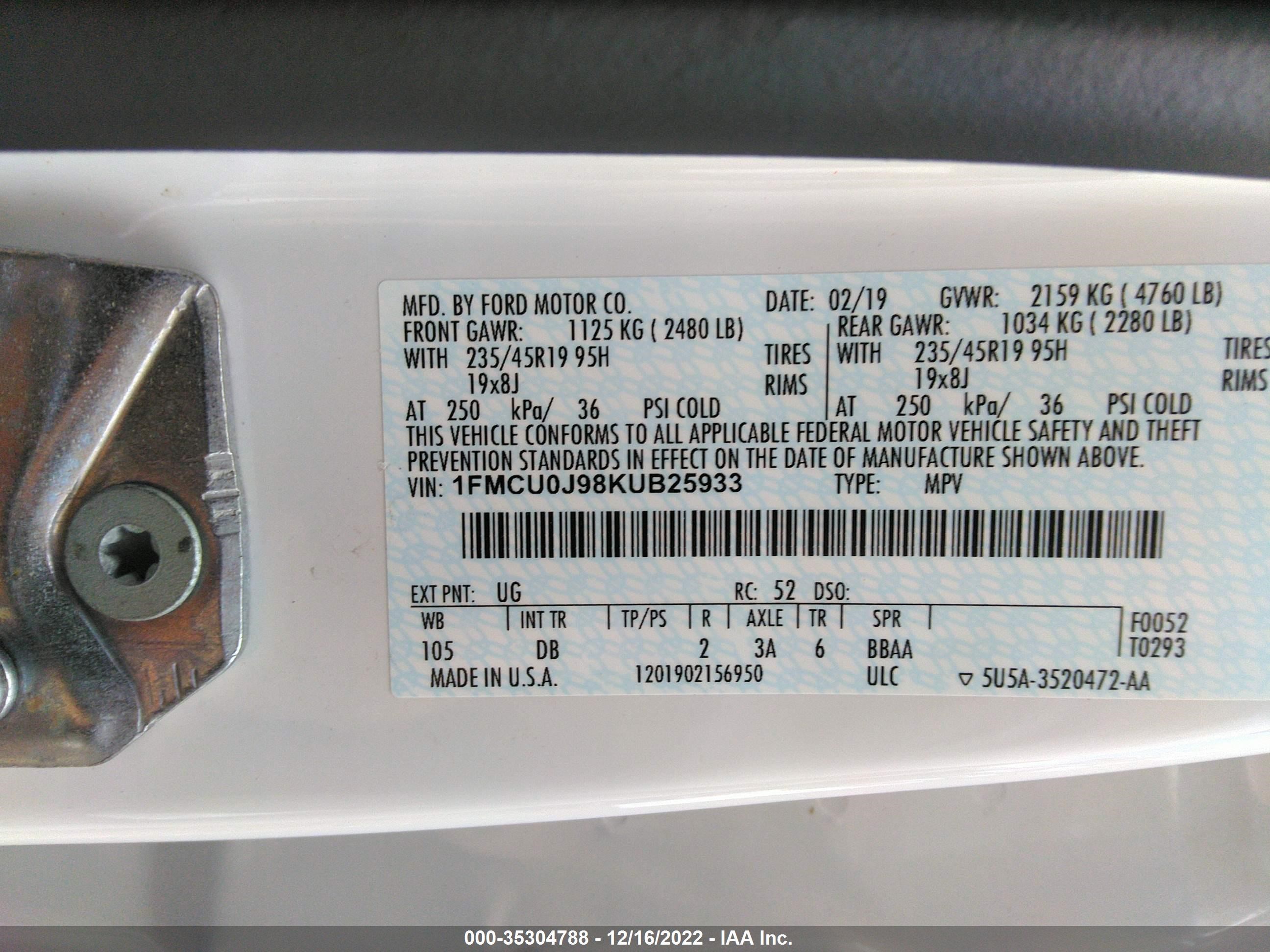 Photo 8 VIN: 1FMCU0J98KUB25933 - FORD ESCAPE 