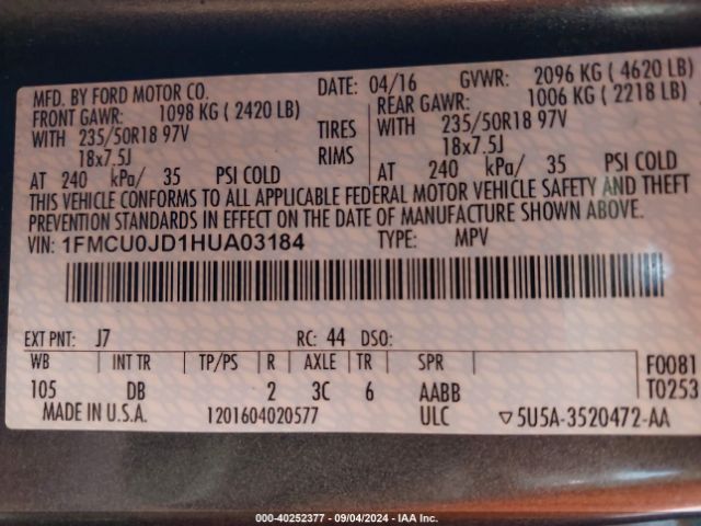 Photo 8 VIN: 1FMCU0JD1HUA03184 - FORD ESCAPE 