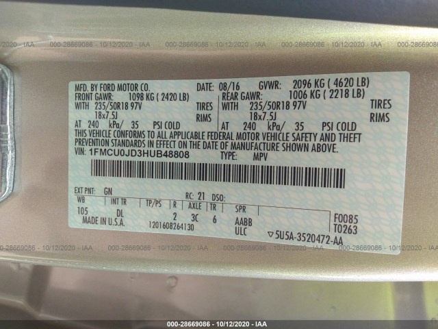 Photo 8 VIN: 1FMCU0JD3HUB48808 - FORD ESCAPE 