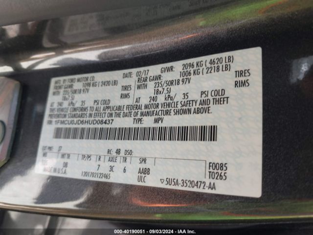 Photo 8 VIN: 1FMCU0JD6HUD08437 - FORD ESCAPE 