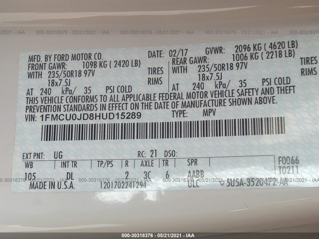 Photo 8 VIN: 1FMCU0JD8HUD15289 - FORD ESCAPE 