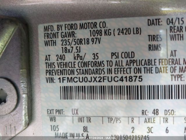 Photo 8 VIN: 1FMCU0JX2FUC41875 - FORD ESCAPE 