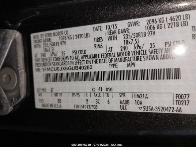 Photo 8 VIN: 1FMCU0JX6GUB40260 - FORD ESCAPE 