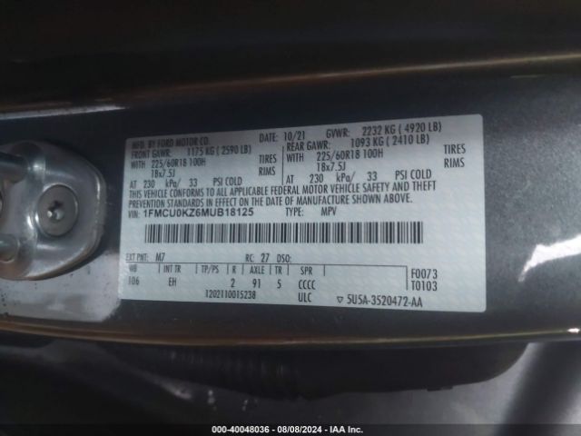 Photo 8 VIN: 1FMCU0KZ6MUB18125 - FORD ESCAPE 