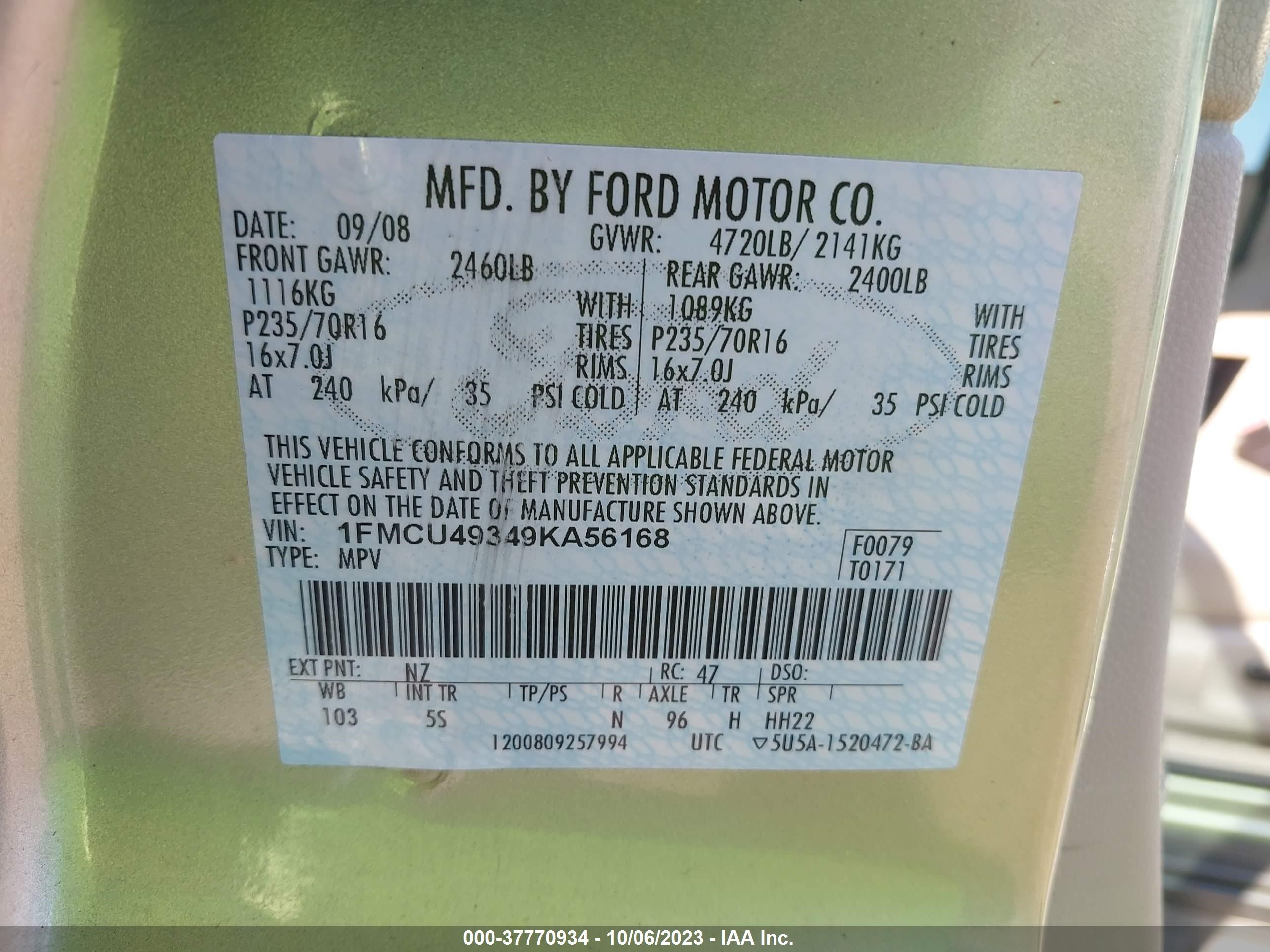 Photo 8 VIN: 1FMCU49349KA56168 - FORD ESCAPE 