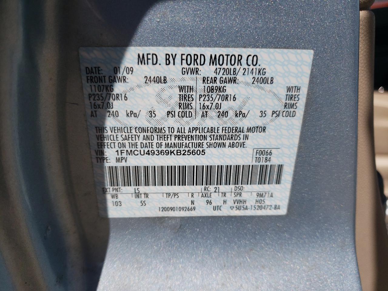 Photo 12 VIN: 1FMCU49369KB25605 - FORD ESCAPE 