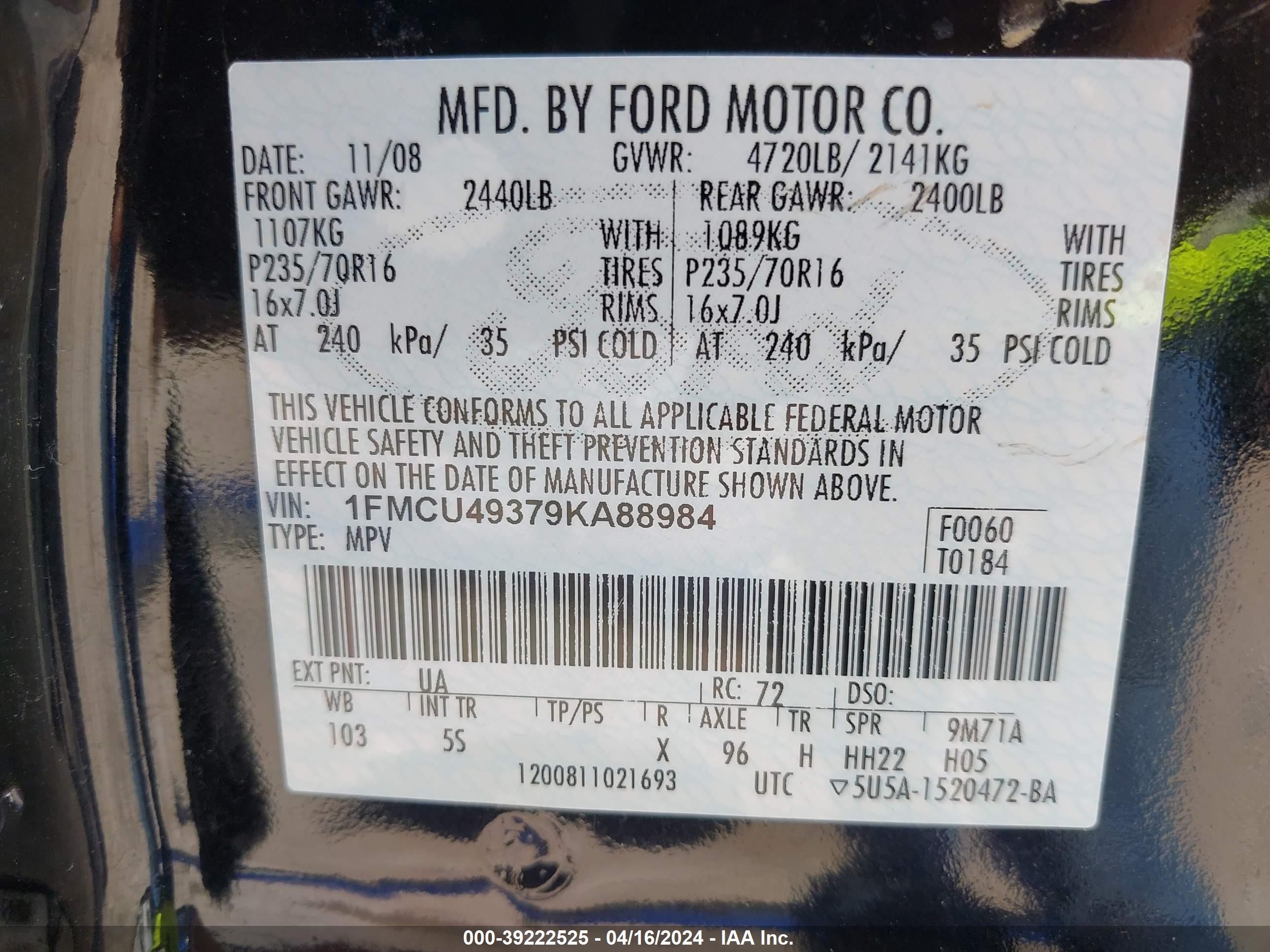 Photo 8 VIN: 1FMCU49379KA88984 - FORD ESCAPE 