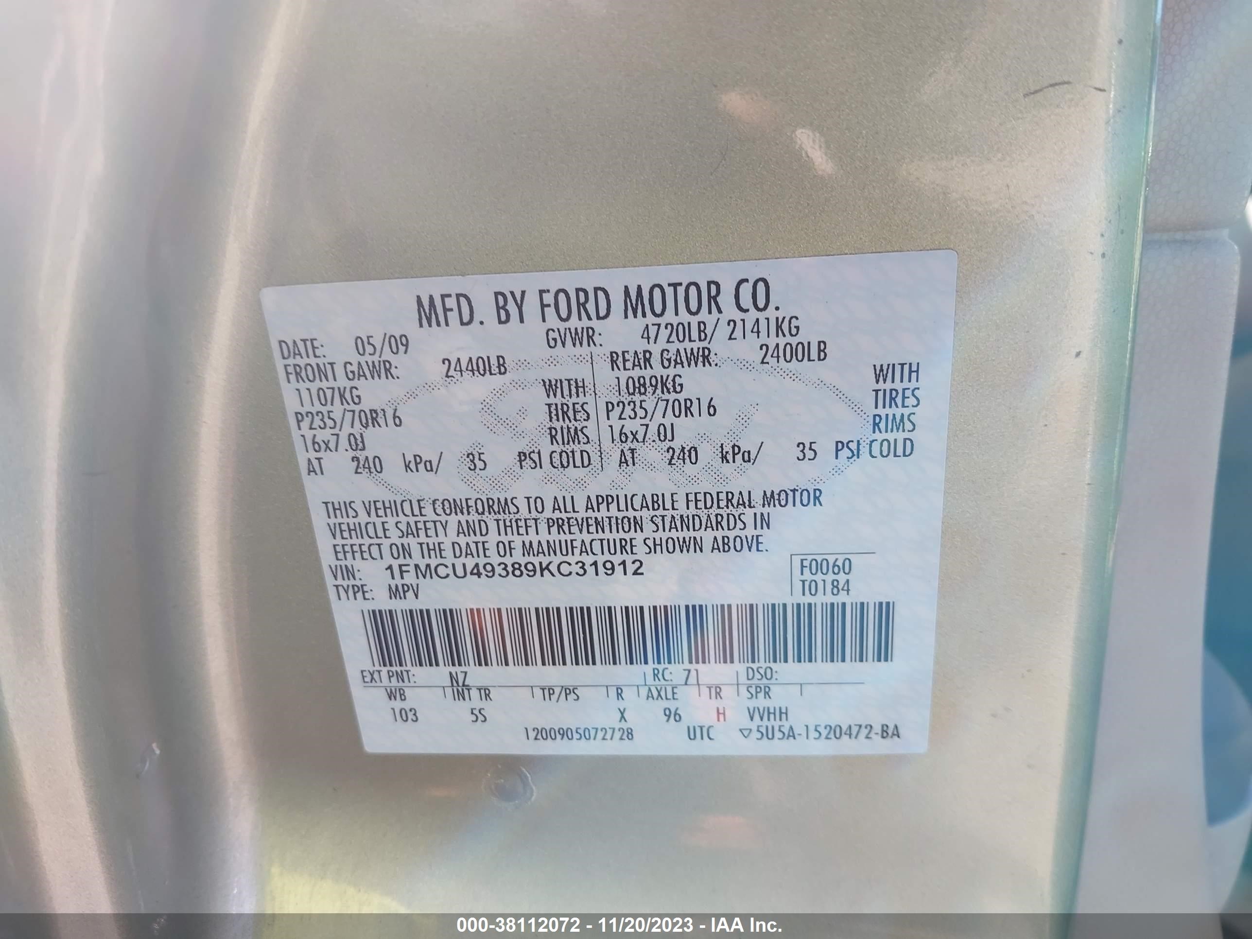 Photo 8 VIN: 1FMCU49389KC31912 - FORD ESCAPE 