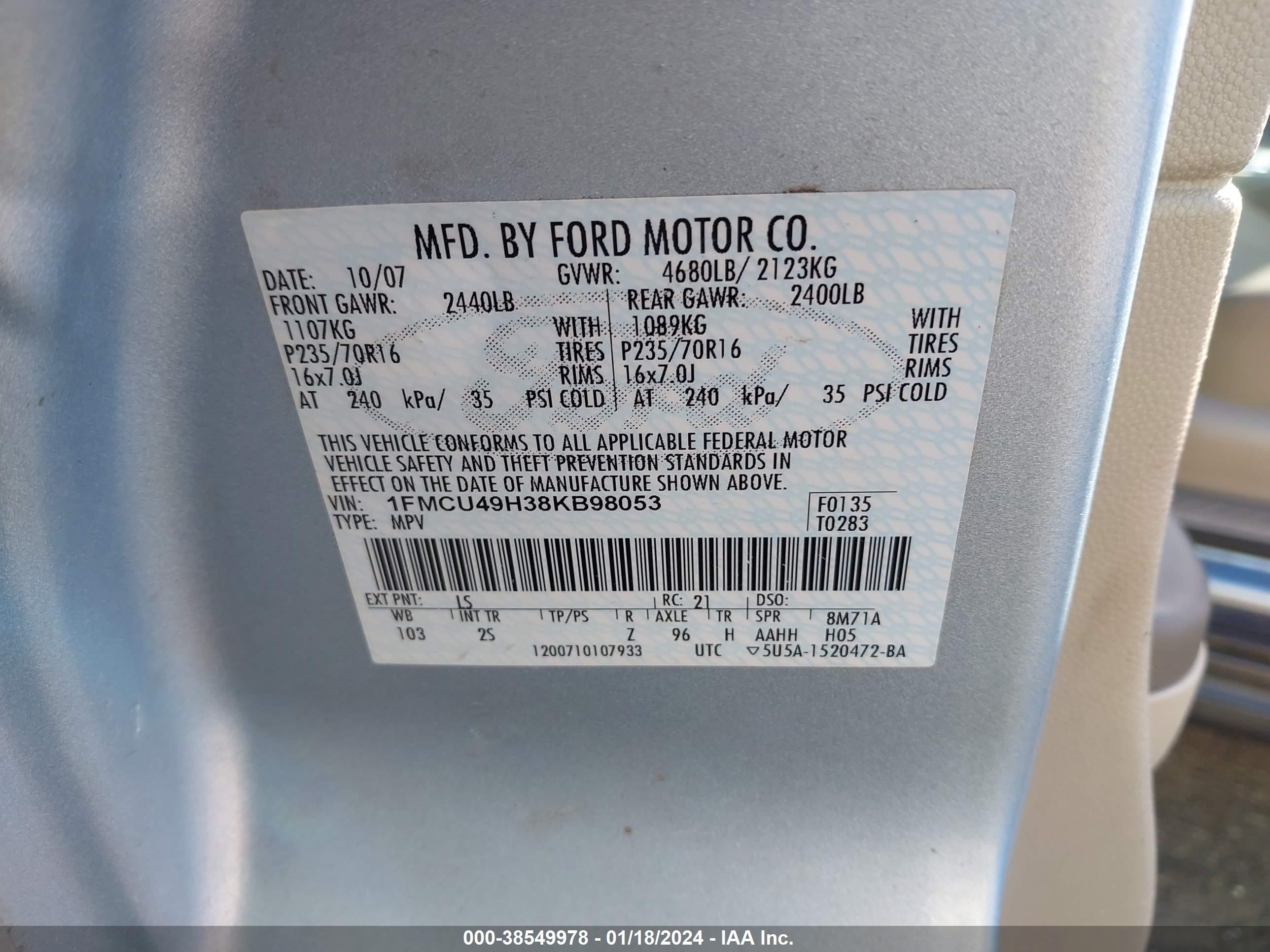 Photo 8 VIN: 1FMCU49H38KB98053 - FORD ESCAPE 