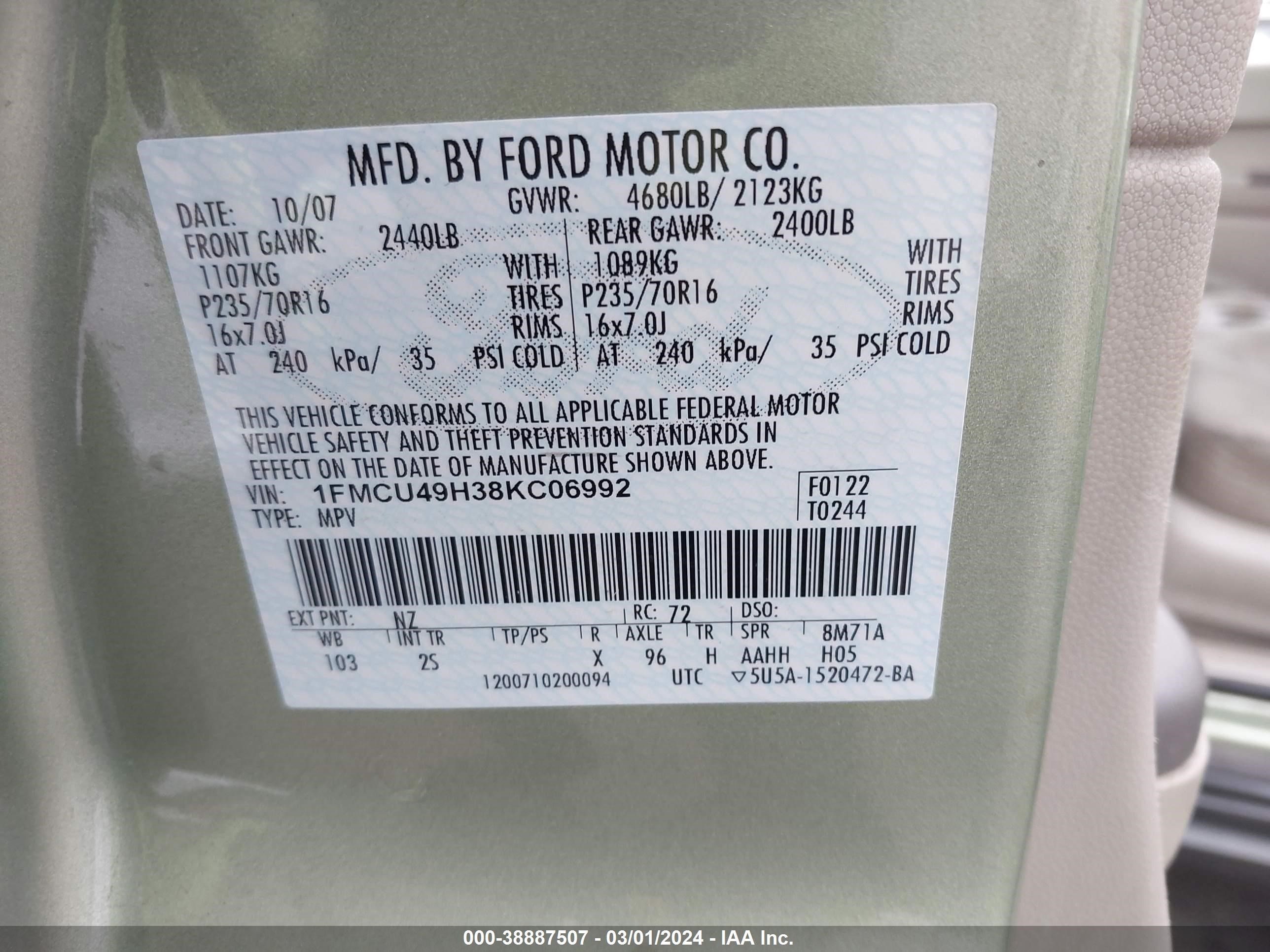 Photo 8 VIN: 1FMCU49H38KC06992 - FORD ESCAPE 