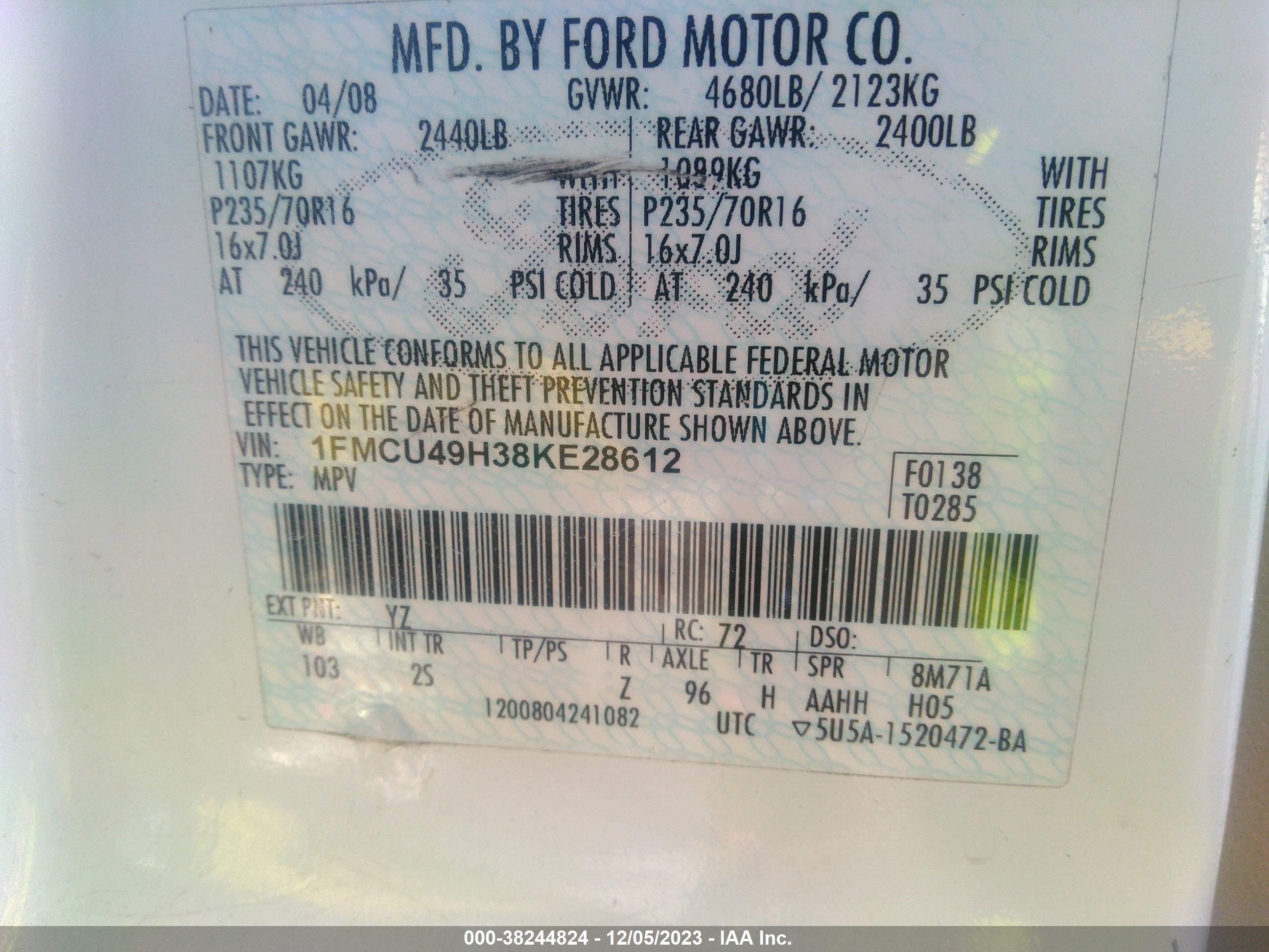 Photo 8 VIN: 1FMCU49H38KE28612 - FORD ESCAPE 