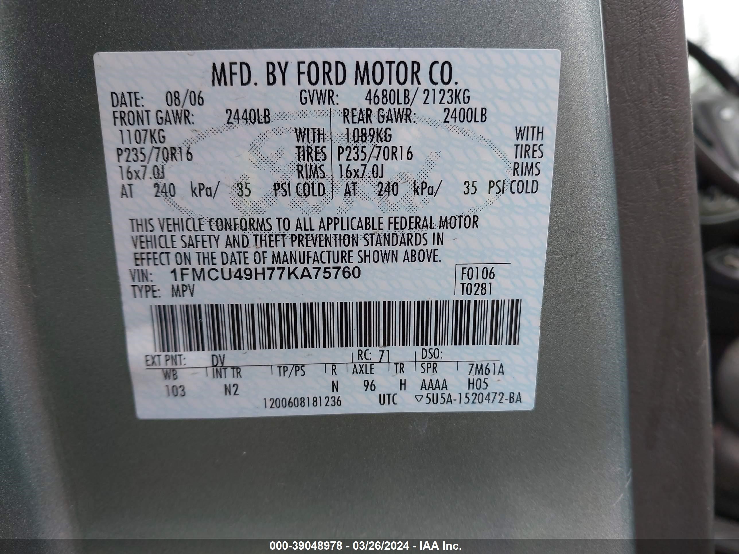 Photo 8 VIN: 1FMCU49H77KA75760 - FORD ESCAPE 