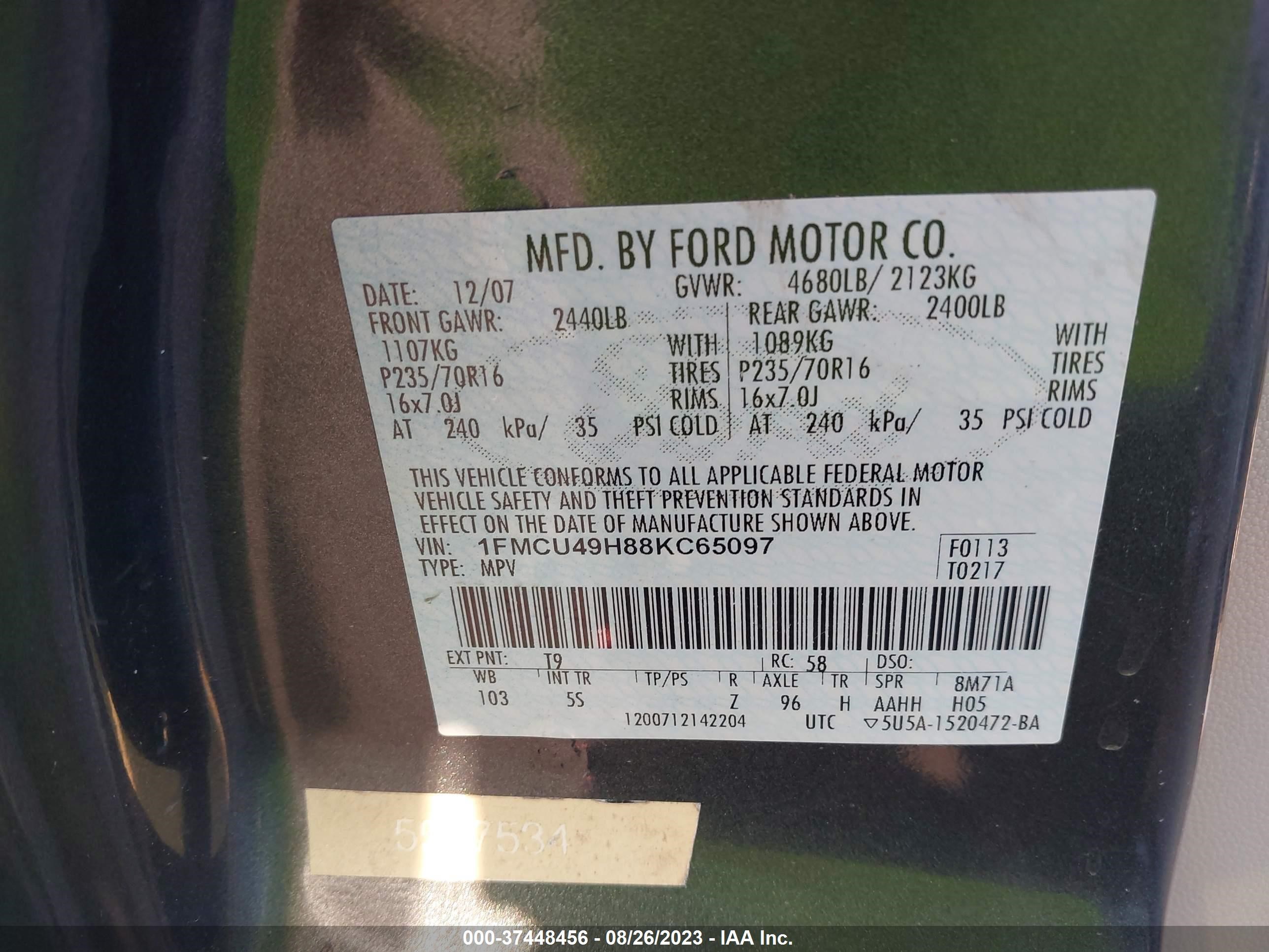 Photo 8 VIN: 1FMCU49H88KC65097 - FORD ESCAPE 