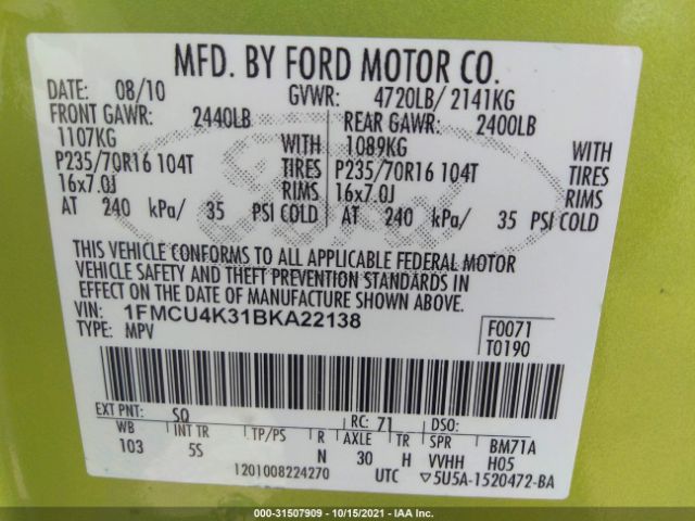 Photo 8 VIN: 1FMCU4K31BKA22138 - FORD ESCAPE 