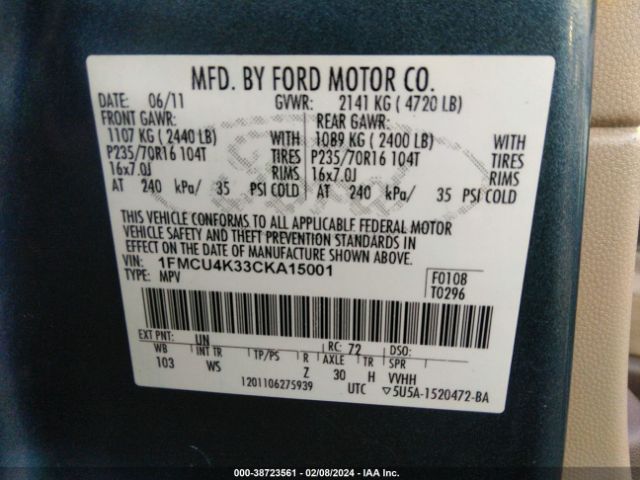 Photo 8 VIN: 1FMCU4K33CKA15001 - FORD ESCAPE HYBRID 