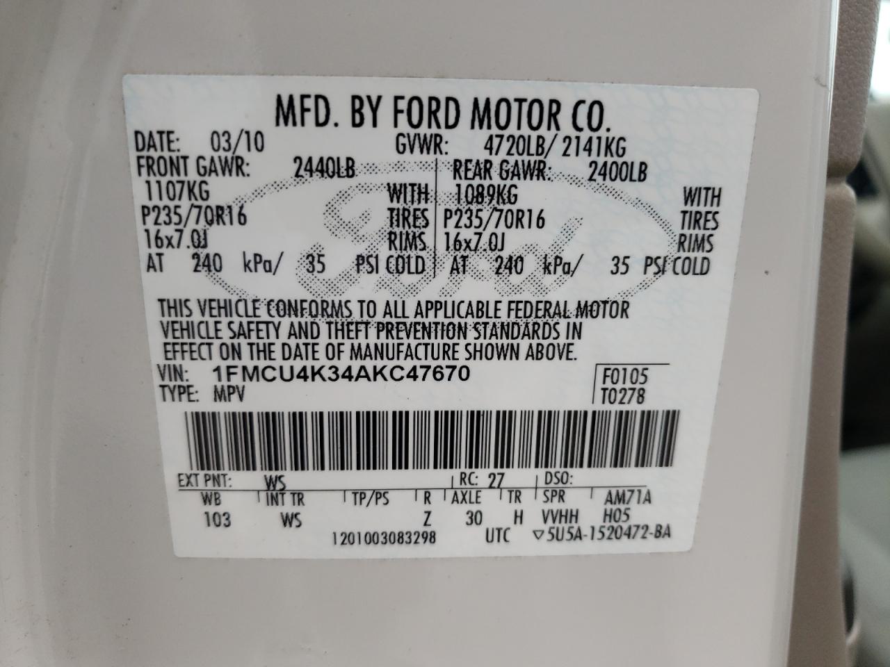 Photo 12 VIN: 1FMCU4K34AKC47670 - FORD ESCAPE 